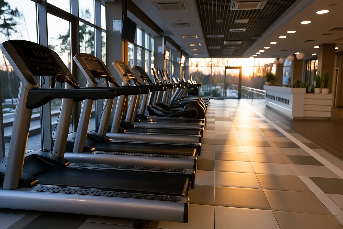 Rânduri de benzi de alergare goale într-o sală de sport modernă la amurg, cu biroul de abonamente neclar în fundal