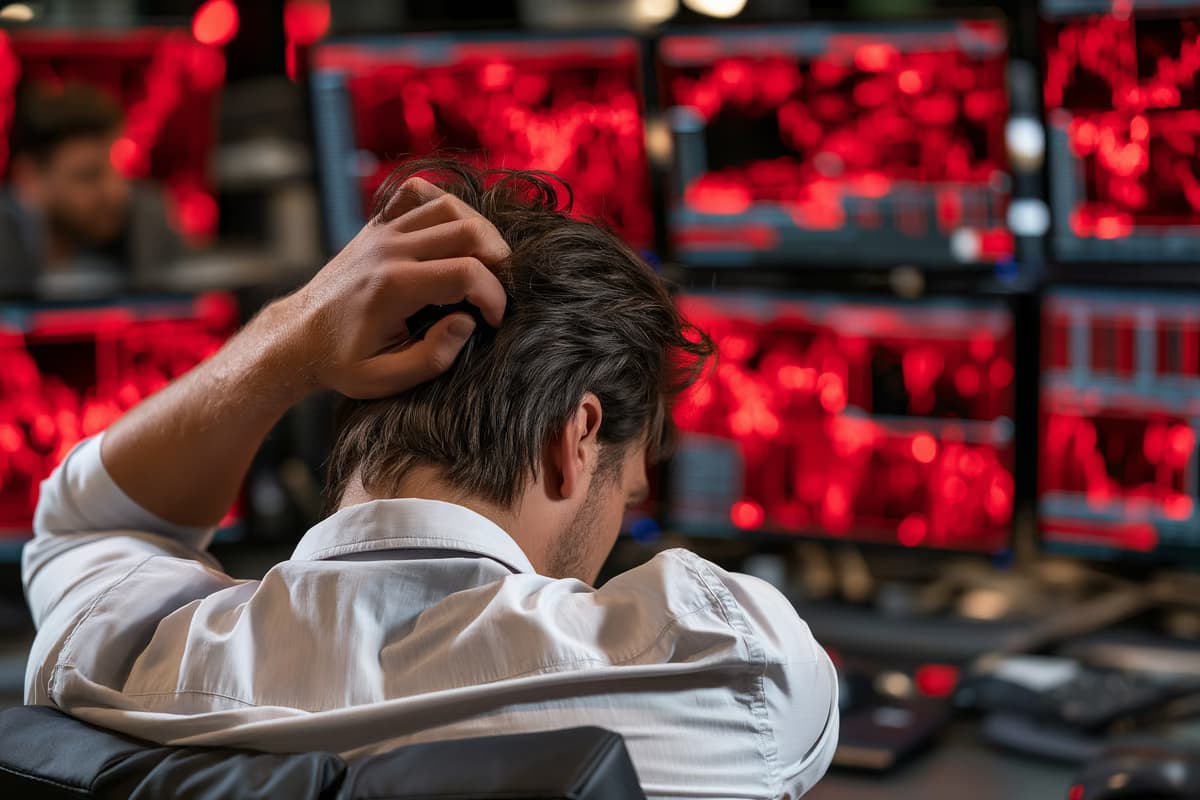 Un investitor privat din Germania analizează pe laptop un plan de economii ETF, în timp ce graficele de piață arată scăderea prețurilor.