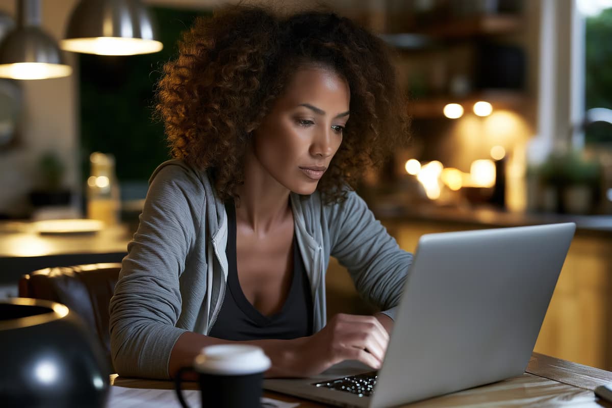 O persoană analizează un portofoliu de investiții pe un laptop, așezată la masa din bucătărie, în lumina slabă a dimineții.