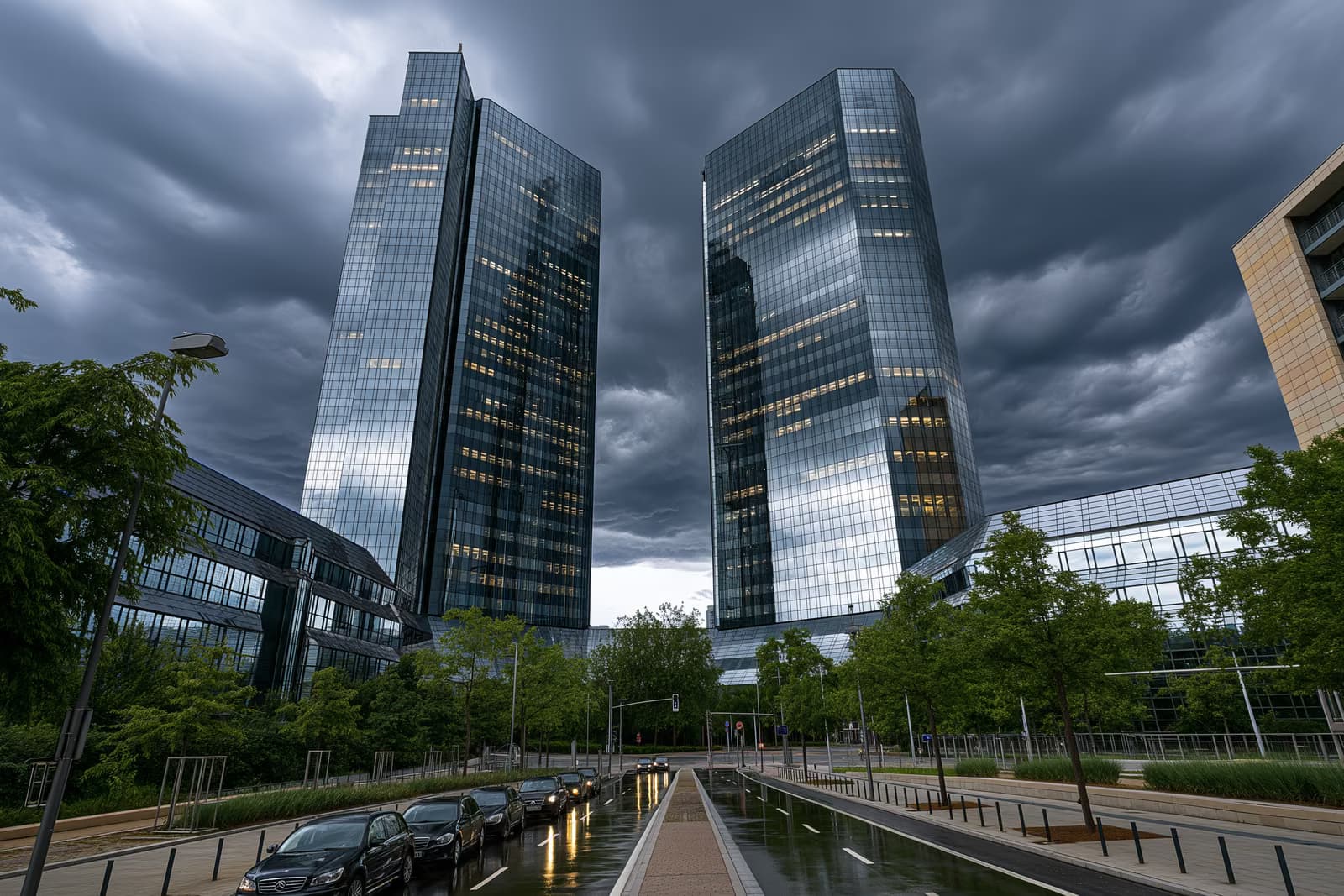 Turnurile gemene de sticlă ale sediului unei bănci din Frankfurt se profilează sub nori negri după raidul de la Deutsche Bank
