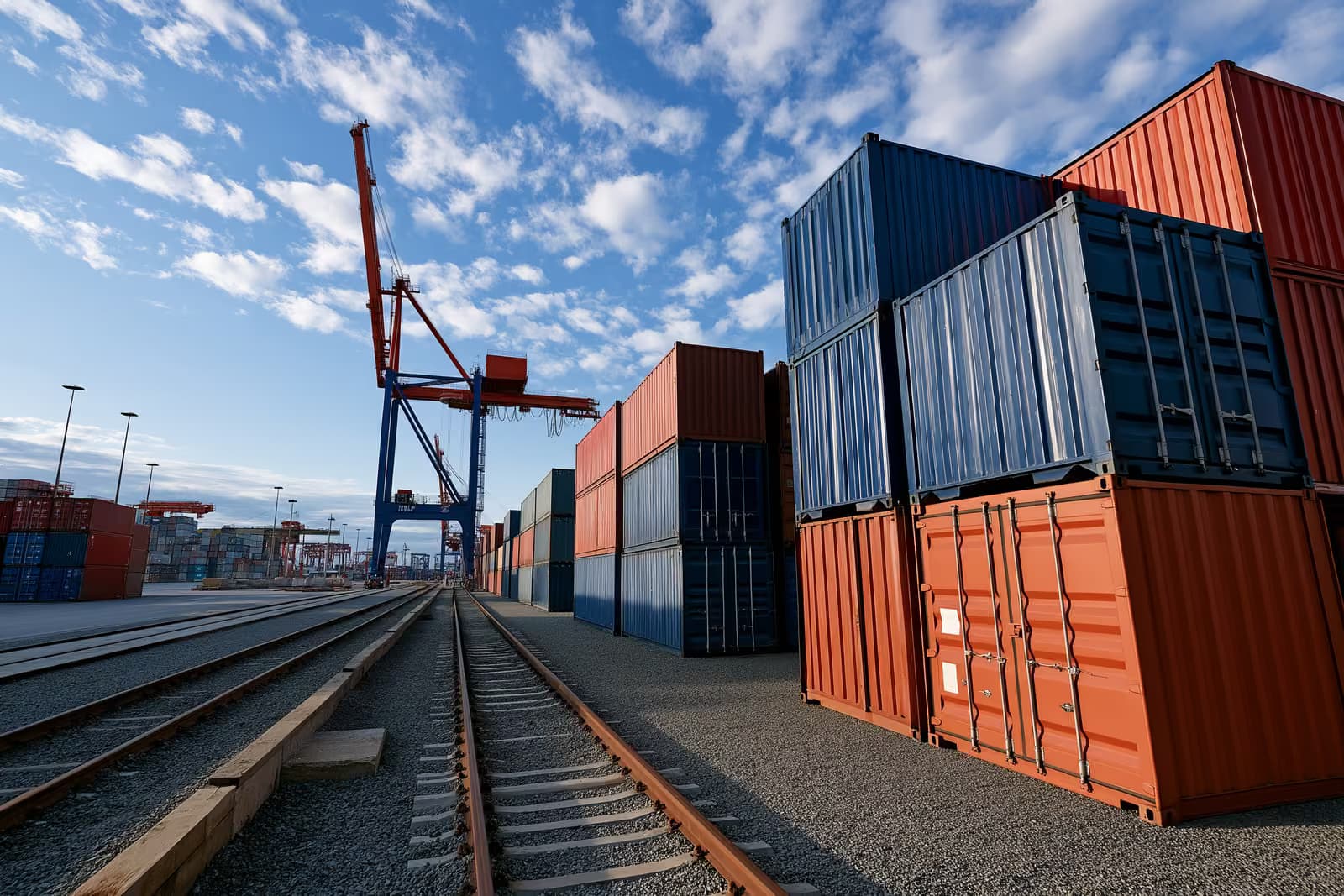 Containere maritime stivuite lângă o macara portală înaltă la un terminal de containere german, sub un cer senin.