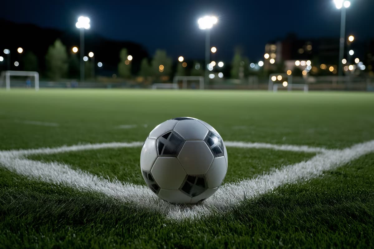 O minge de fotbal singuratică odihnindu-se pe punctul de penalizare al unui teren iluminat.