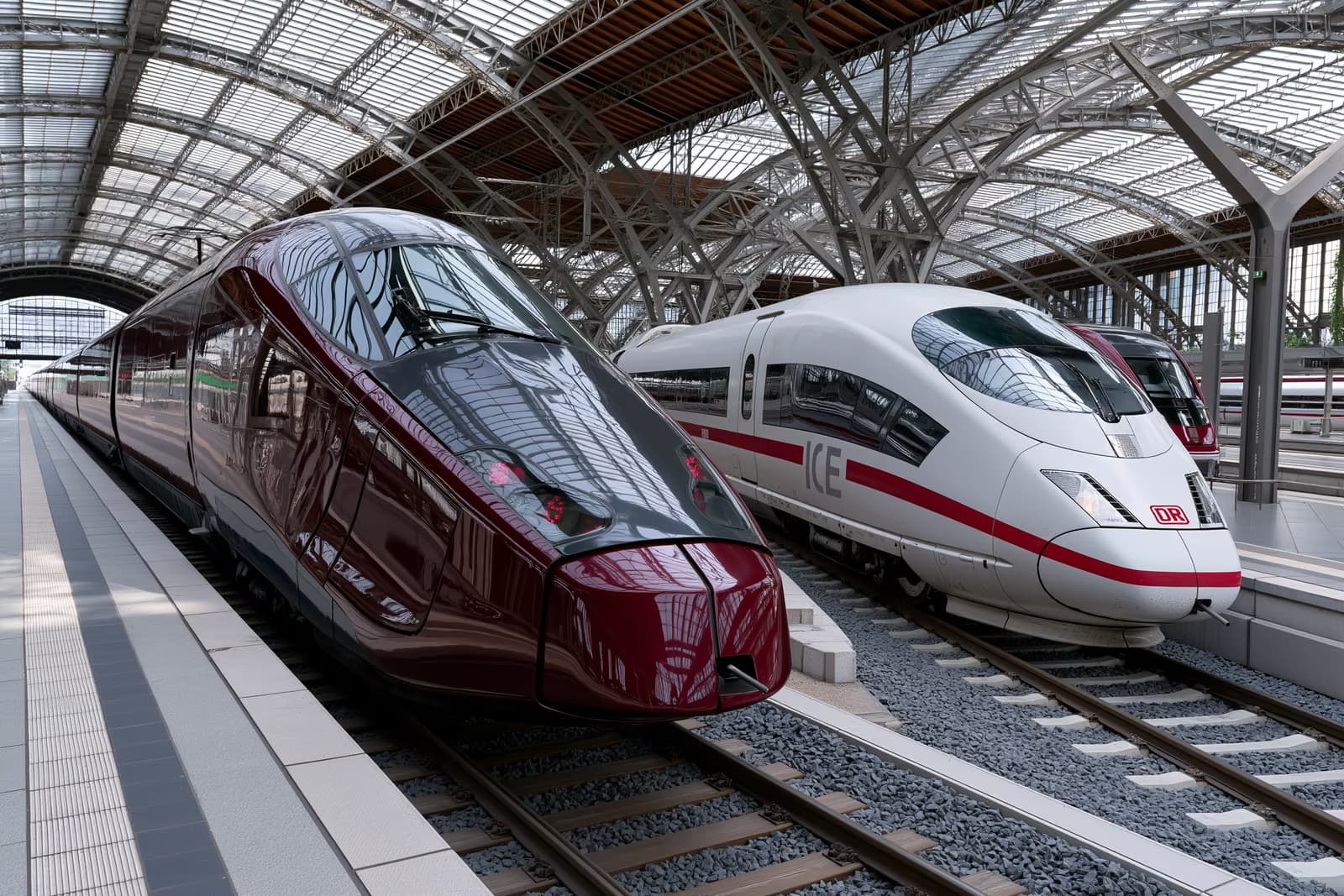 Un tren de mare viteză roșu închis lângă un ICE alb pe șine paralele într-o sală de gară germană, simbolizând provocarea Italo către Deutsche Bahn
