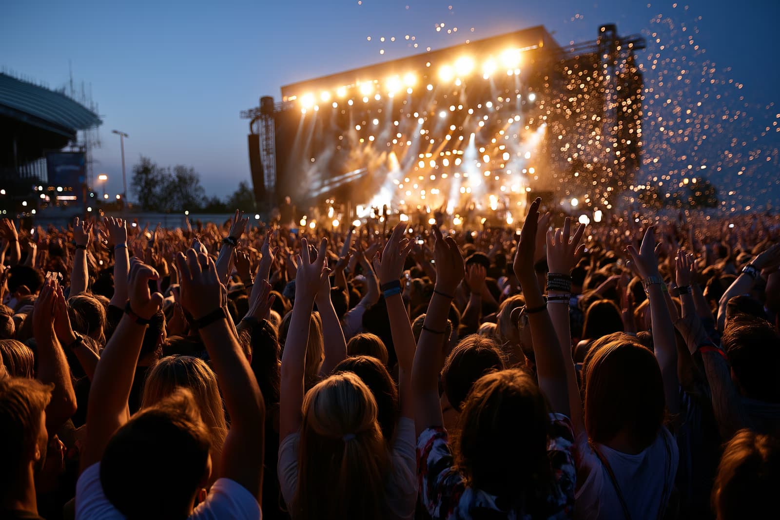 O mulțime imensă de festival cu mâinile ridicate în fața unei scene principale strălucitoare la Lollapalooza Berlin în Olympiapark noaptea