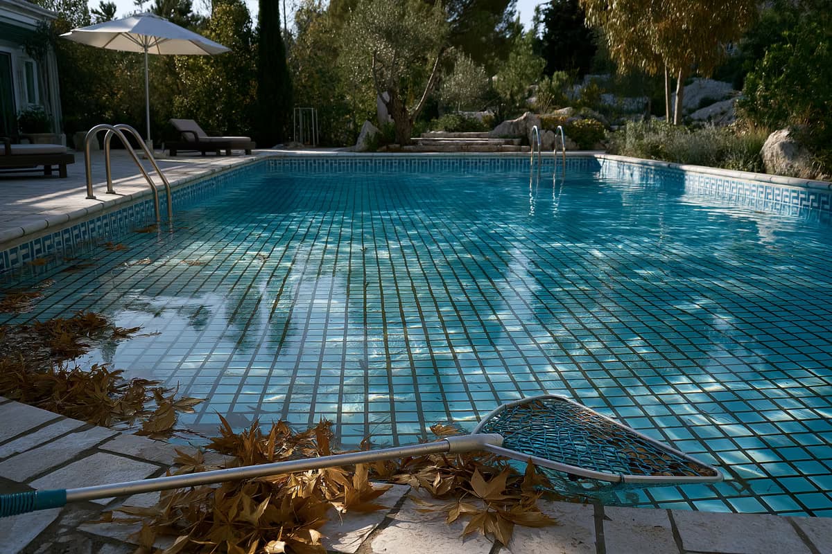 O piscină privată pe jumătate drenată în curtea din spate, cu un skimmer de frunze care se sprijină pe plăcile încălzite de soare