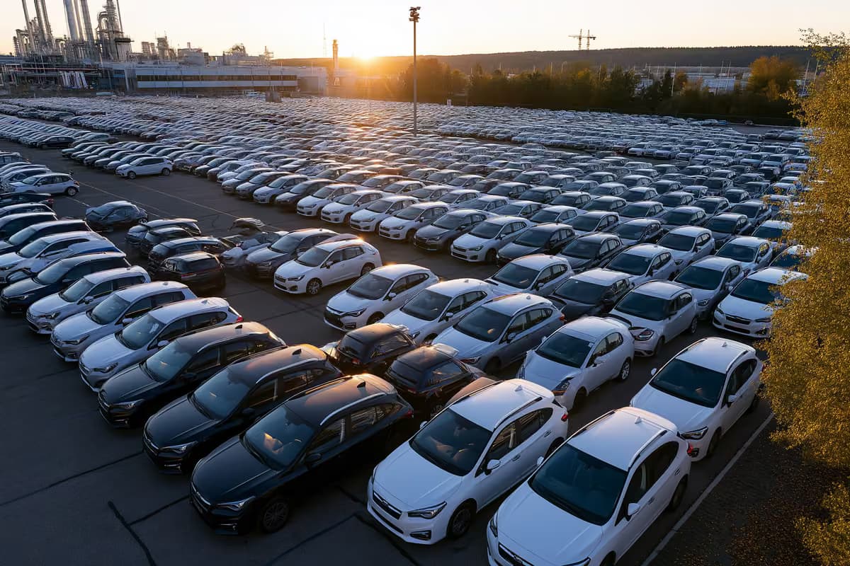 Mașini pe o linie de producție Volkswagen în interiorul unei fabrici de asamblare din Germania.